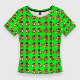 Женская футболка 3D Slim с принтом LADYBUG ON A GREEN BACKGROUND в Екатеринбурге,  |  | акварель | жук | зеленый | красный | насекомое | точки | узор | черный
