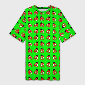 Платье-футболка 3D с принтом LADYBUG ON A GREEN BACKGROUND в Екатеринбурге,  |  | акварель | жук | зеленый | красный | насекомое | точки | узор | черный