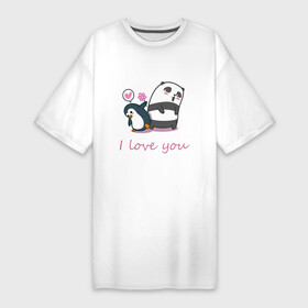 Платье-футболка хлопок с принтом PENGUIN AND PANDA в Екатеринбурге,  |  | панда | пингвин | признание | сердечко | цветок | я люблю тебя