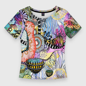 Женская футболка 3D Slim с принтом Подводный цветочно коралловый мир в Екатеринбурге,  |  | абстрактные цветы | акварельные цветы | бесшовный паттерн | бесшовный плательный | коралловый мир | кораллы | необычные цветы | подводный мир | фантазийные цветы | цветочный | цветочный патт