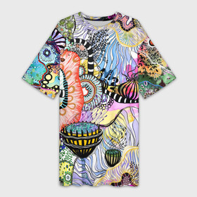 Платье-футболка 3D с принтом Подводный цветочно коралловый мир в Екатеринбурге,  |  | абстрактные цветы | акварельные цветы | бесшовный паттерн | бесшовный плательный | коралловый мир | кораллы | необычные цветы | подводный мир | фантазийные цветы | цветочный | цветочный патт