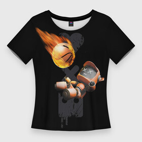 Женская футболка 3D Slim с принтом Горящий мяч и падающий робот в Екатеринбурге,  |  | ldr | pop art | robots