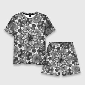 Мужской костюм с шортами 3D с принтом Черно белый геометрический мозаичный узор в Екатеринбурге,  |  | geometric   pattern | mosaic | геометрический узор | мозаика | серый | черно белый