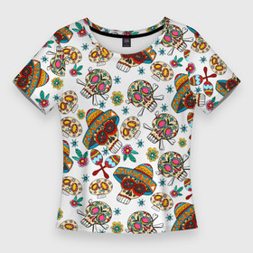 Женская футболка 3D Slim с принтом Мексиканские черепки в Екатеринбурге,  |  | голова | головной убор | инструмент | мексика | цветок | череп | черепок