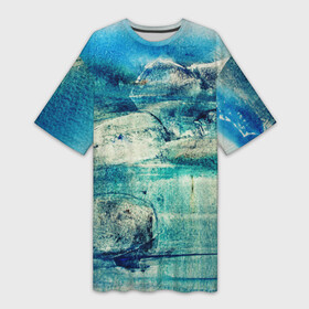 Платье-футболка 3D с принтом Прибрежная синева в Екатеринбурге,  |  | blue stones | seaside | берег моря | камни на берегу моря | прибрежная синева | синие камни | синий берег