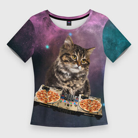 Женская футболка 3D Slim с принтом Космический котёнок диджей  Space DJ Cat в Екатеринбурге,  |  | galaxy | in space | pizza | vinyl | vynil | в космосе | винил | вселенная | галактика | диск жокей | космическая кошка | космический кот | космос | кот | котик | котята | микшер | пицца | прикол | пульт | юмор