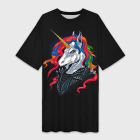 Платье-футболка 3D с принтом UNICORN METALHEAD в Екатеринбурге,  |  | animal | colored mane | horn | horse | metalworker | животное | лошадь | металлист | рог | цветная грива