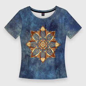 Женская футболка 3D Slim с принтом Мандала цветок в Екатеринбурге,  |  | Тематика изображения на принте: веган | выцветший | джинса | джнсовый | зож | йога | лепестки | мантра | медитация | потертый | узор | цветок | чакры | эзотерика