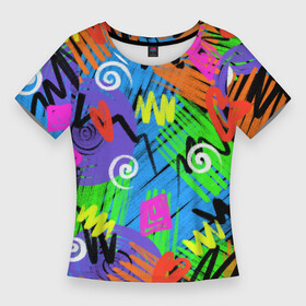 Женская футболка 3D Slim с принтом Яркий геометрический принт в Екатеринбурге,  |  | абстрактный | абстракция | геометрический | геометрия | карандаш | карандашный | квадрат | кислотный | круг | разноцветный | спираль | цветной | цветные карандаши | яркий