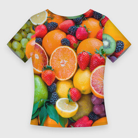 Женская футболка 3D Slim с принтом ABUNDANCE OF FRUITS в Екатеринбурге,  |  | colorful | fresh | grape | green | healthy | lemon | orange | pineapple | red | strawberry | summer | sweet | vegetarian | yellow | ананас | апельсин | вегетарианский | виноград | желтый | здоровый | зеленый | клубника | красный | красочный | лето | лимон