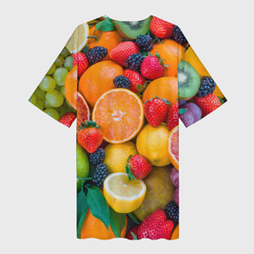 Платье-футболка 3D с принтом ABUNDANCE OF FRUITS в Екатеринбурге,  |  | colorful | fresh | grape | green | healthy | lemon | orange | pineapple | red | strawberry | summer | sweet | vegetarian | yellow | ананас | апельсин | вегетарианский | виноград | желтый | здоровый | зеленый | клубника | красный | красочный | лето | лимон