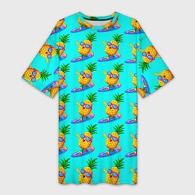 Платье-футболка 3D с принтом PINEAPPLE ON A SKATEBOARD в Екатеринбурге,  |  | colorful | cute | food | fruity | funny | green | happy | orange | summer | tropical | yellow | ананас | еда | желтый | забавный | зеленый | красочный | летний | милый | оранжевый | скейтборд | счастливый | тропический | фруктовый