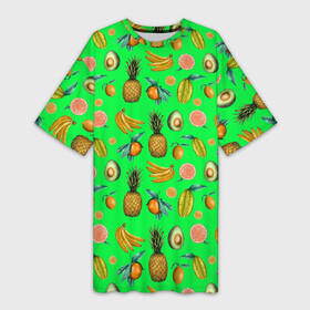 Платье-футболка 3D с принтом FAVORITE EXOTIC FRUITS в Екатеринбурге,  |  | bananas | exotic | food | green | kiwi | leaf | lemon | natural | orange | pineapple | plant | sweet | tropical | yellow | ананас | апельсин | бананы | еда | желтый | зеленый | киви | лимон | лист | натуральный | оранжевый | растение | сладкий | тропическ