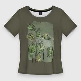 Женская футболка 3D Slim с принтом Нежные акварельные листья в Екатеринбурге,  |  | акварель | акварельный | болотный | живописный | зеленый | камуфляж | камуфляжный | куст | кусты | лесной | летний | лето | листья | нежный | пейзаж | пятна | растения | узор | хаки