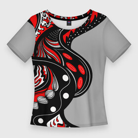 Женская футболка 3D Slim с принтом Красно чёрные дудлы в Екатеринбурге,  |  | абстракция | геометрический | геометрия | графический | дудлинг | дудлы | змеи | красно черный | ленты | узор | черви | червяки | черно белый