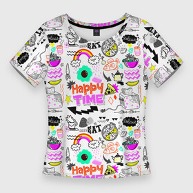 Женская футболка 3D Slim с принтом HAPPY TIME в Екатеринбурге,  |  | banana | bread | fish | flying saucer | food | fruit | happy | kettle | pizza | quotes | time | toaster | банан | время | еда | летающая тарелка | пицца | рыба | счастливый | тостер | фрукт | хлеб | цитаты | чайник