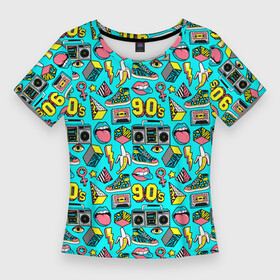 Женская футболка 3D Slim с принтом THE NINETIES в Екатеринбурге,  |  | 90 е | 90s | banana | music | nineties | retro | sneakers | tape recorder | vintage | аудиокассета | банан | винтаж | девяностые | классика | кроссовки | магнитофон | музыка | ретро