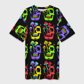 Платье-футболка 3D с принтом Мухоморы, растущие на черепе в Екатеринбурге,  |  | color | eye sockets | fly agaric | jaw | mushroom | neon | skull | teeth | глазницы | гриб | зубы | мода | мухомор | неон | пасть | цвет | череп