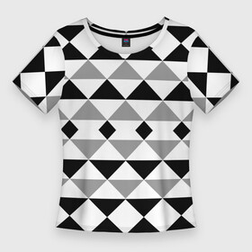 Женская футболка 3D Slim с принтом Черно белый геометрический узор треугольники в Екатеринбурге,  |  | geometric pattern | geometric shapes | геометрические фигуры | геометрический узор | треугольники | черно белый