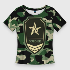 Женская футболка 3D Slim с принтом Солдат удачи в Екатеринбурге,  |  | army | us army | америка | армия | военный | воин | война | зеленый | камуфляж | маскировка | пятнистый | разведка | солдат | спецназ | сша | хаки