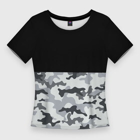 Женская футболка 3D Slim с принтом Полукамуфляж Тёмно Серый в Екатеринбурге,  |  | camo | camouflage | dark | gray | half | камуфляж | половина | серый | тёмный