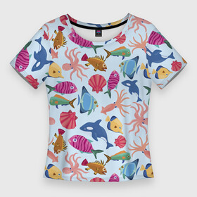 Женская футболка 3D Slim с принтом Паттерн из морских жителей  Лето в Екатеринбурге,  |  | calmar | fin | fish | killer whale | octopus | shell | summer | кальмар | касатка | лето | осьминог | плавник | ракушка | рыба