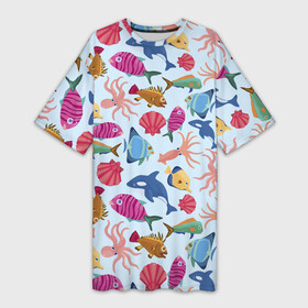 Платье-футболка 3D с принтом Паттерн из морских жителей  Лето в Екатеринбурге,  |  | calmar | fin | fish | killer whale | octopus | shell | summer | кальмар | касатка | лето | осьминог | плавник | ракушка | рыба