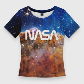 Женская футболка 3D Slim с принтом Лого NASA и Туманность Киля в Екатеринбурге,  |  | james webb telescope | nasa | space | universe | вселенная | зведы | звездное небо | космос | наса | телескоп джеймс уэбб | туманность киля | туманность киля джеймс уэбб | туманность киля наса | фото вселенная
