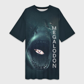 Платье-футболка 3D с принтом Мегалодон в тихом омуте в Екатеринбурге,  |  | акула | вымершая акула | гигантская акула | лодка | мегалодон | надпись