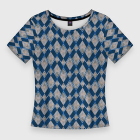 Женская футболка 3D Slim с принтом Синие, бежевые ромбы в Екатеринбурге,  |  | beige | blue | blue rhombuses | geometric | harlequin | rhombic | rhombuses | texture | textured | zig zag | арлекин | бежевые | геометрический | зиг заг | ромбический | ромбы | синие | синие ромбы | текстура | текстурированный