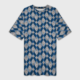 Платье-футболка 3D с принтом Синие, бежевые ромбы в Екатеринбурге,  |  | beige | blue | blue rhombuses | geometric | harlequin | rhombic | rhombuses | texture | textured | zig zag | арлекин | бежевые | геометрический | зиг заг | ромбический | ромбы | синие | синие ромбы | текстура | текстурированный