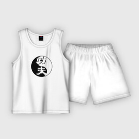 Детская пижама с шортами хлопок с принтом Кунг фу логотип на фоне знака ИНЬ ЯНЬ в Екатеринбурге,  |  | kung fu | боевое исскуство | знак | инь янь | китайские иероглифы | кунг фу | кунгфу | чернобелое