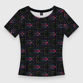 Женская футболка 3D Slim с принтом Яркие полосы на черном в Екатеринбурге,  |  | abstract | black | blue | bright | bright stripes | geome | geometric | green | neon | neon stripes | red | абстрактный | геометрический | зеленый | красный | красный и черный | линии | неоновые полосы | неоновый | синий | фигуры | черный