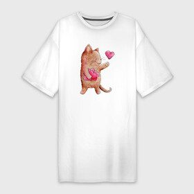 Платье-футболка хлопок с принтом Рыжий котик дарит свою любовь в Екатеринбурге,  |  | кот | котик | кошка | любовь | сердечко | сердце