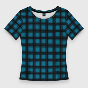 Женская футболка 3D Slim с принтом Black and blue plaid в Екатеринбурге,  |  | black and blue | plaid | plaid pattern | клетка | клетчатый узор | синий | черный | шотландка