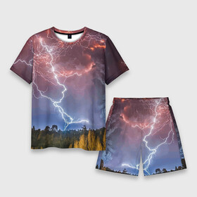 Мужской костюм с шортами 3D с принтом Грозовые разряды молний над лесом в Екатеринбурге,  |  | element | forest | lightning | nature | storm | storm cloud | гроза | лес | молния | природа | стихия | туча
