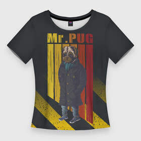 Женская футболка 3D Slim с принтом Мистер мопс в пальто в Екатеринбурге,  |  | Тематика изображения на принте: pug | мистер | мопс | мопс в пальто | пес | пес в пальто | собака