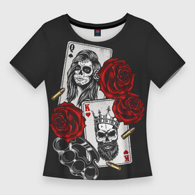 Женская футболка 3D Slim с принтом Игральные карты в стиле гангстеров в Екатеринбурге,  |  | Тематика изображения на принте: гангстеры | карты | кастет | пуля | череп
