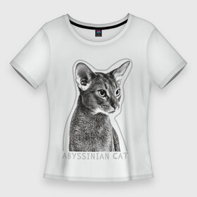 Женская футболка 3D Slim с принтом Белый абиссинец в Екатеринбурге,  |  | Тематика изображения на принте: абиссинец | абиссинская кошка | абиссинская порода | контур | кот абиссинец | котенок абиссинец | кошка абиссинец | порода абиссинец