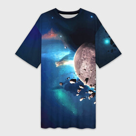Платье-футболка 3D с принтом Космическое столкновение объектов в Екатеринбурге,  |  | cosmos | neon | planet | space | star | звезда | космос | неон | планета | пространство