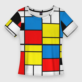 Женская футболка 3D Slim с принтом Texture of squares rectangles в Екатеринбурге,  |  | abstraction | black | lines | neoplasticism | rectangles | red | squares | white | абстракция | белый | желтый | квадраты | композиция | красный | красочный | линии | минимализм | неопластицизм | прямоугольники | ретро | синий