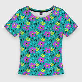 Женская футболка 3D Slim с принтом Яркий цветочный узор на бирюзовом фоне в Екатеринбурге,  |  | бирюзовый | детский принт | летний узор | розовые цветы | цветочный узор | цветы | яркий розовый