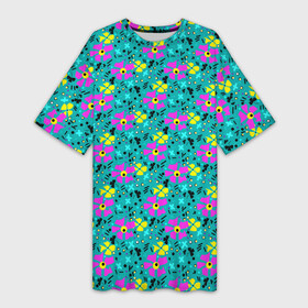 Платье-футболка 3D с принтом Яркий цветочный узор на бирюзовом фоне в Екатеринбурге,  |  | бирюзовый | детский принт | летний узор | розовые цветы | цветочный узор | цветы | яркий розовый