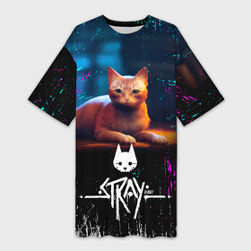 Платье-футболка 3D с принтом Stray Cat  Бродячий Кот в Екатеринбурге,  |  | cat | cyberpunck | neon | robots | videogame | бродячий кот | квест