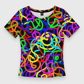 Женская футболка 3D Slim с принтом Неоновый беспорядок в Екатеринбурге,  |  | gradient | neon | neon stripes | pop | rainbow | stripes | texture | абстрактный рисунок | абстракция | градиент | граффити | каракули | красочный узор | линии | неоновый принт | орнамент | полосы | поп | радужный