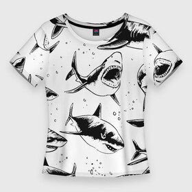 Женская футболка 3D Slim с принтом Кровожадные акулы  стая в Екатеринбурге,  |  | Тематика изображения на принте: fin | jaw | ocean | pack | pattern | shark | tail | teeth | акула | зубы | океан | пасть | паттерн | плавник | стая | хвост