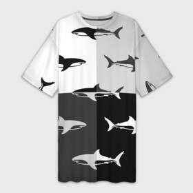 Платье-футболка 3D с принтом Стая акул  pattern в Екатеринбурге,  |  | fin | pack | pattern | shark | tail | акула | паттерн | плавник | стая | хвост