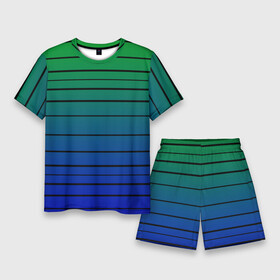Мужской костюм с шортами 3D с принтом Черные полосы на синем, зеленом градиенте в Екатеринбурге,  |  | black stripes | blue | gradient | green | horizontal | lines | minimalism | ombre | simple | striped | stripes | горизонталь | градиент | зеленый | линии | минимализм | омбре | полосатый | полосы | простой | синий | черные полосы