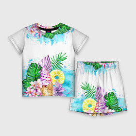 Детский костюм с шортами 3D с принтом Тропический рай и мороженое в Екатеринбурге,  |  | акварель | акварельный | ананас | летний | лето | лист пальмы | монстера | мороженое | отдых | рисунки | рисунок | тропики | тропический | фрукты | цветы | экзотические цветы | экзотический