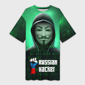 Платье-футболка 3D с принтом Russian hacker green в Екатеринбурге,  |  | hack | hacker | rus | russia | welcome to russia | анонимус | герб | герб россии | из россии | патриотизм | российская федерация | россия | русский | рф | хак | хакер